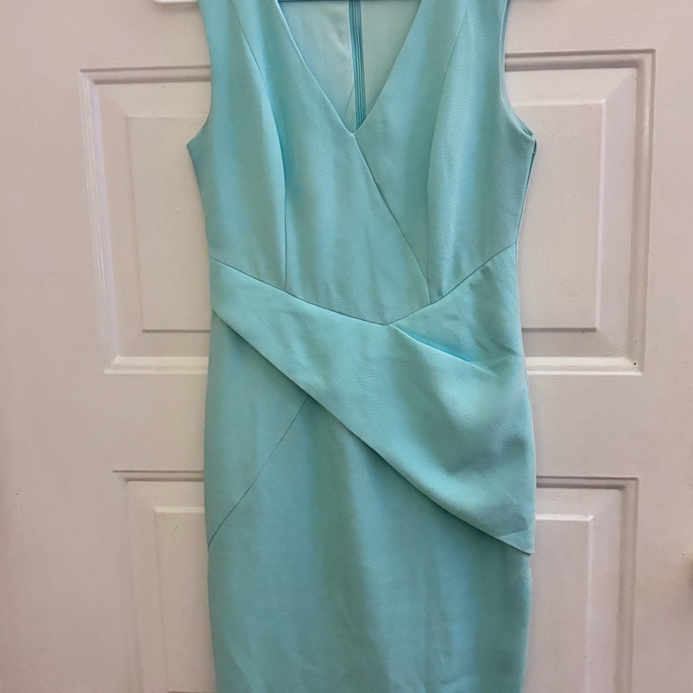 Blush Aqua V-Neck Midi Sheath Dress with Asymmetrical Waist Detail